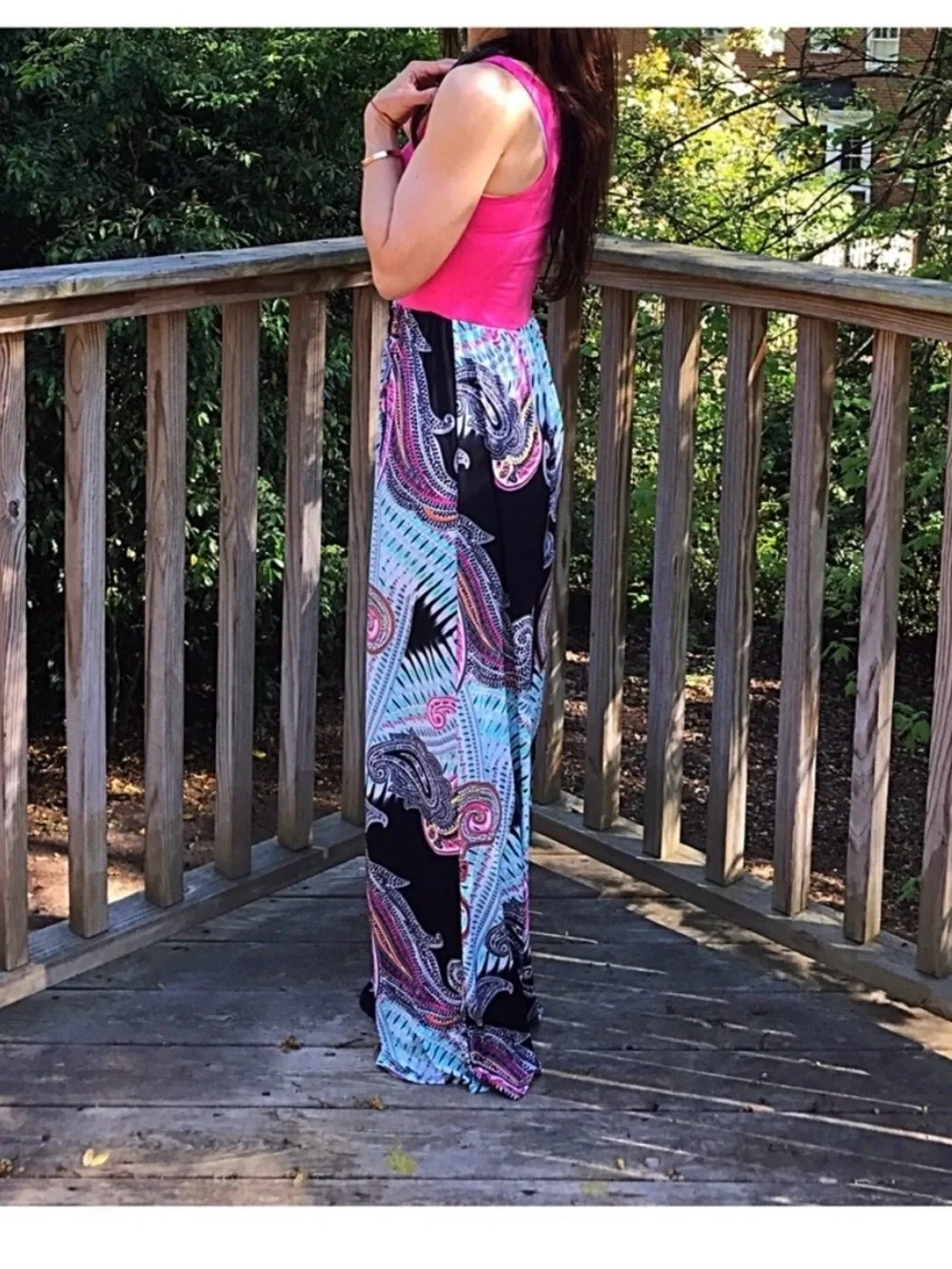 Maxi Skirt with Turquoise Paisley Print - Pink Accented